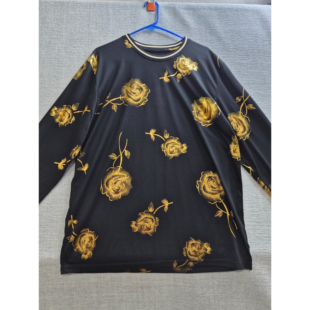 Drill Clothing NYC T Shirt Mens XL Black Gold Rose Print Crew Neck Streetwear